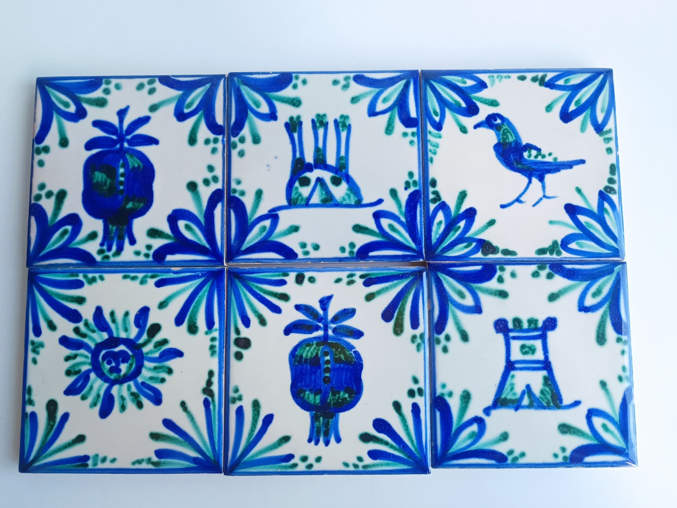 Lot de 6 carreaux en céramique bleu et vert, esprit Fajalauza