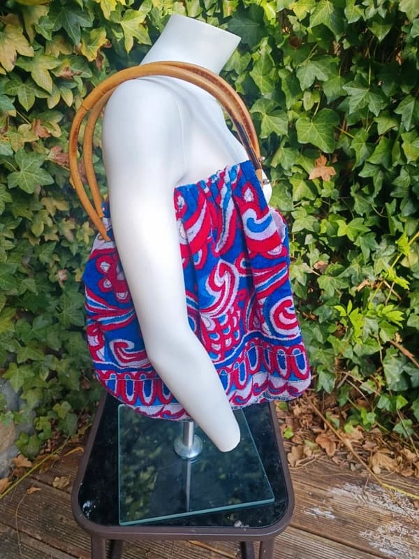 Sac à main cabas vintage en éponge – Motifs psychédéliques & Poignées Bambou